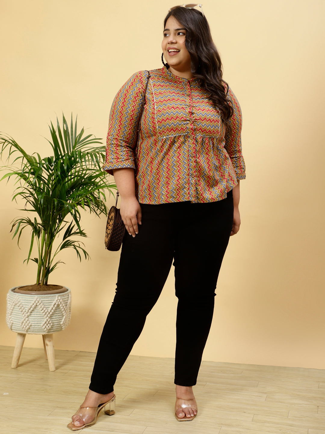 Plus Size Brown Zig-Zag Printed Top