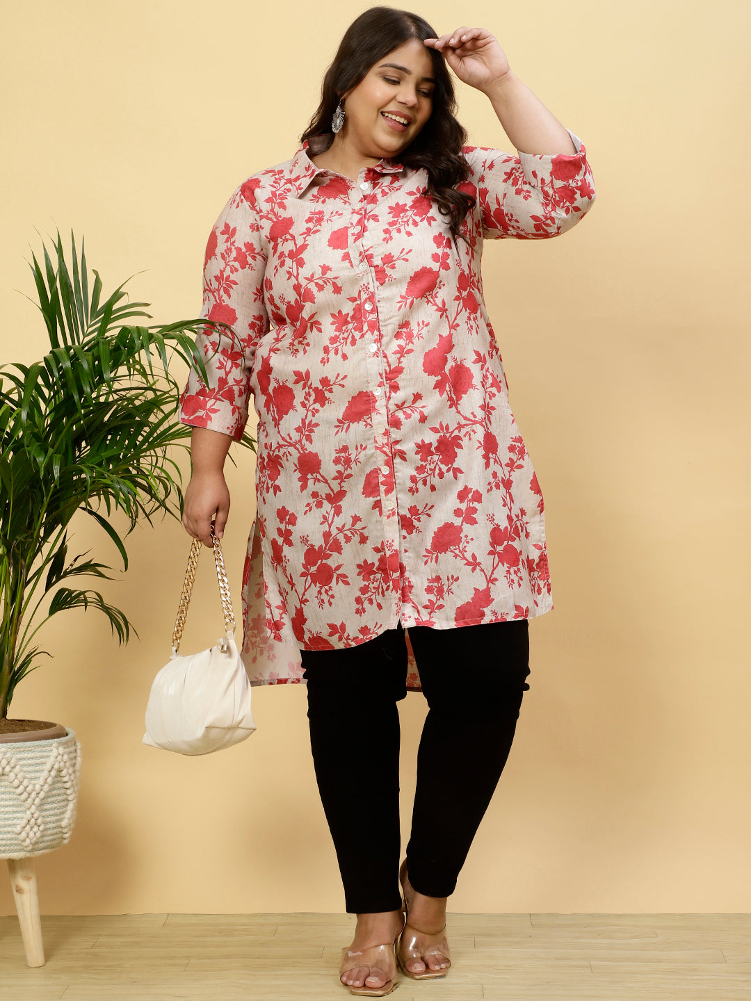 Plus Size Floral Beige Collared Kurta