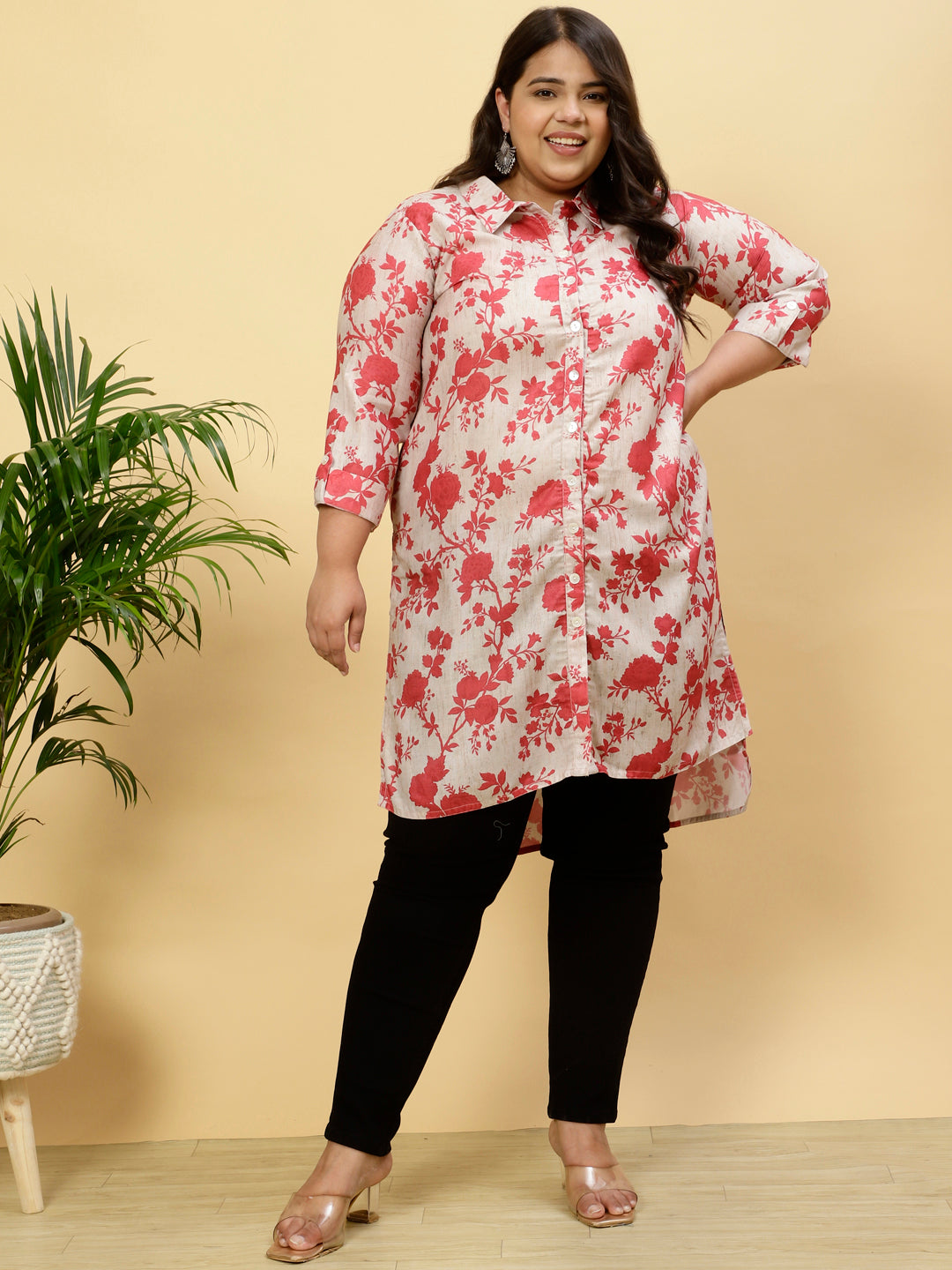 Plus Size Floral Beige Collared Kurta