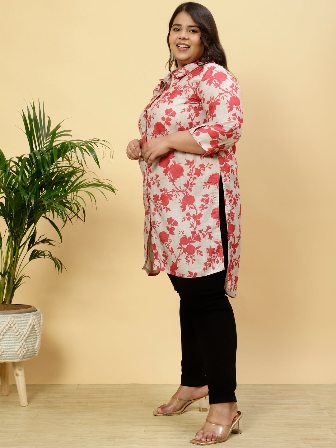 Plus Size Floral Beige Collared Kurta