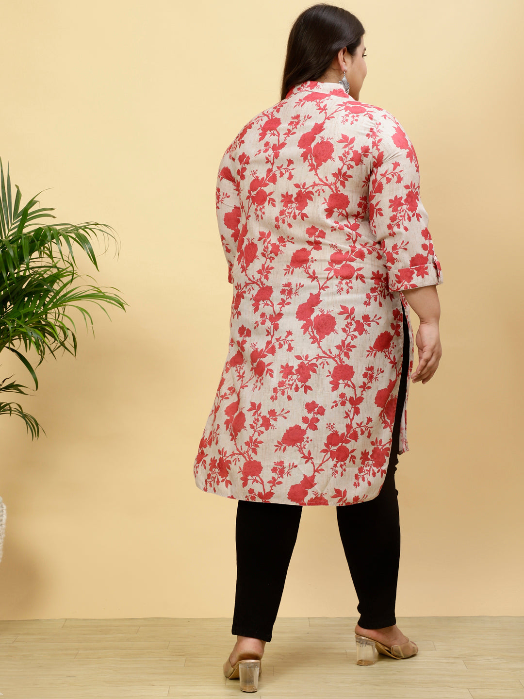 Plus Size Floral Beige Collared Kurta