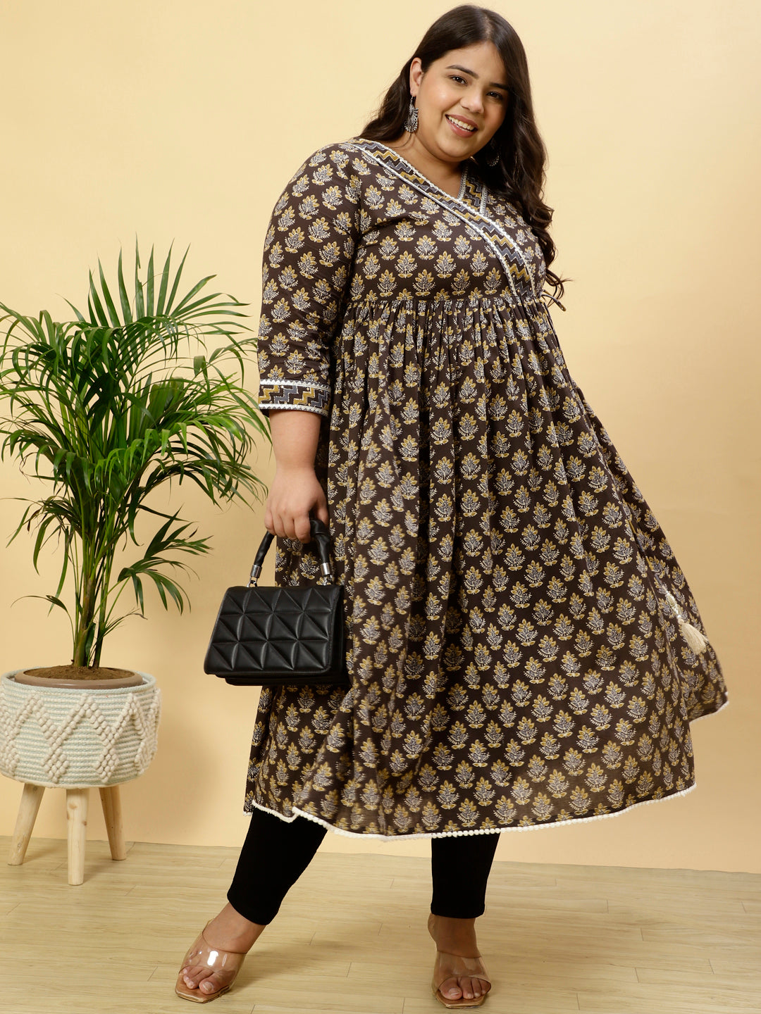 Plus Size Charcoal Grey Ethnic Printed Anarkali Kurta