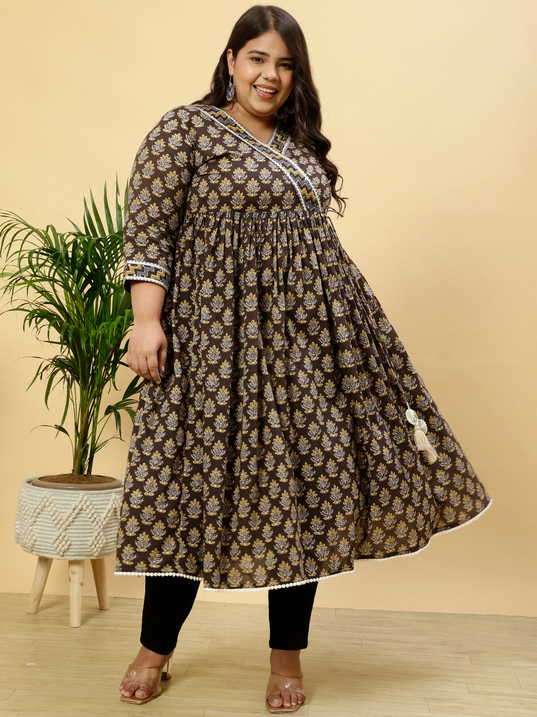 Plus Size Charcoal Grey Ethnic Printed Anarkali Kurta