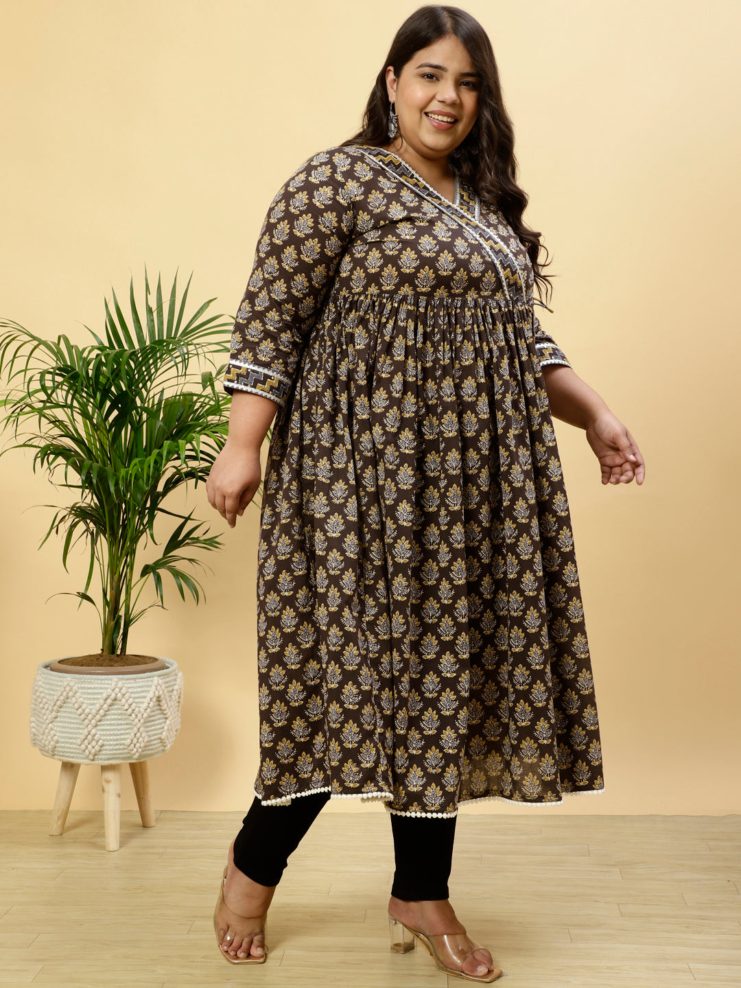 Plus Size Charcoal Grey Ethnic Printed Anarkali Kurta