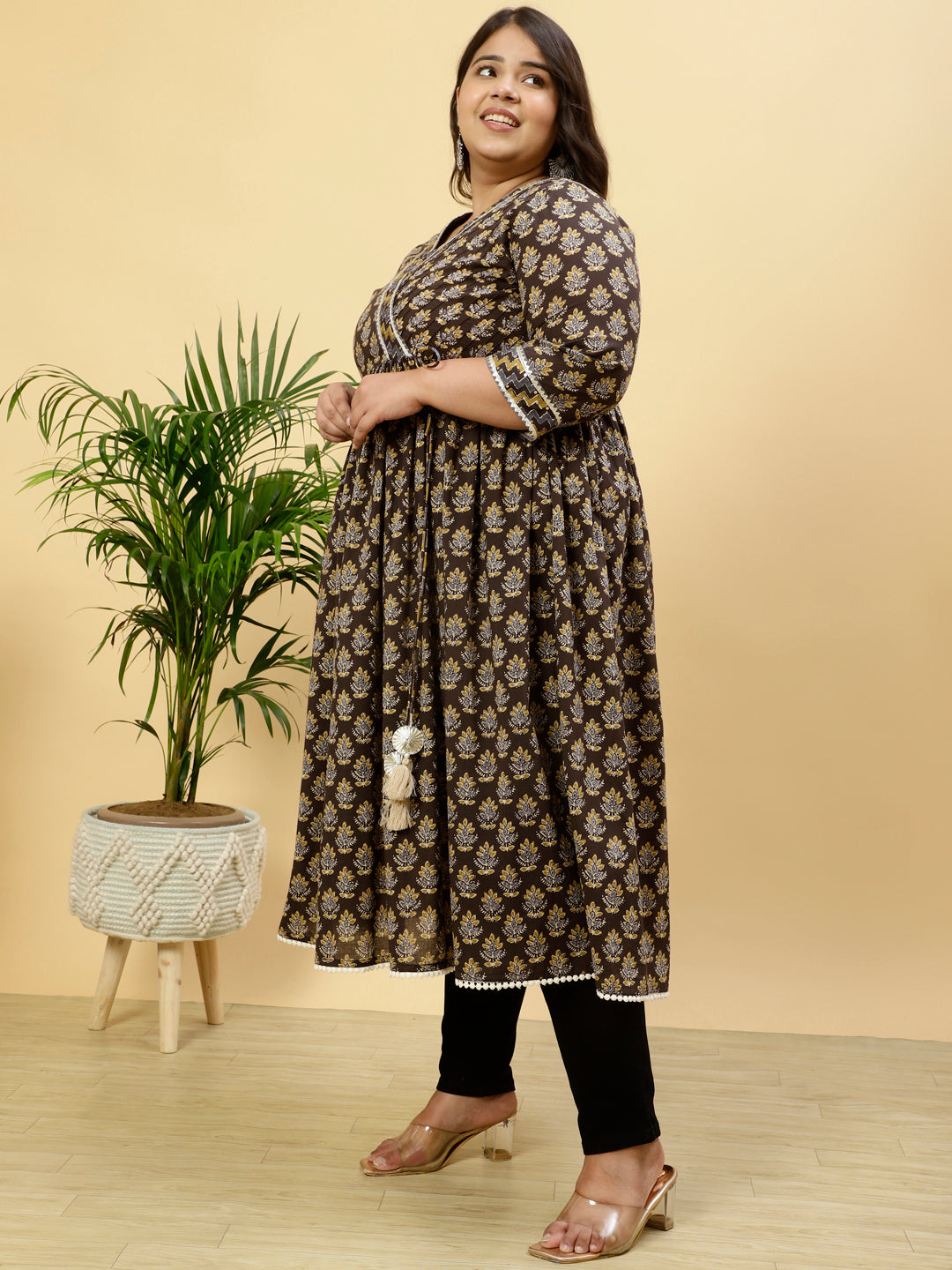 Plus Size Charcoal Grey Ethnic Printed Anarkali Kurta