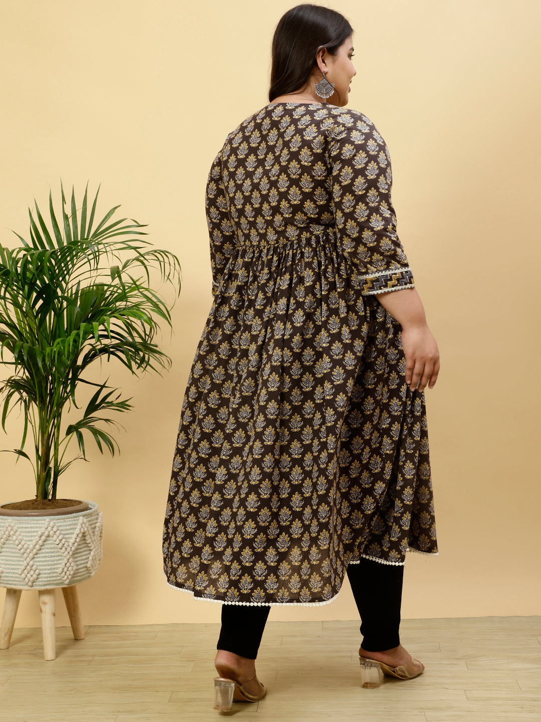 Plus Size Charcoal Grey Ethnic Printed Anarkali Kurta