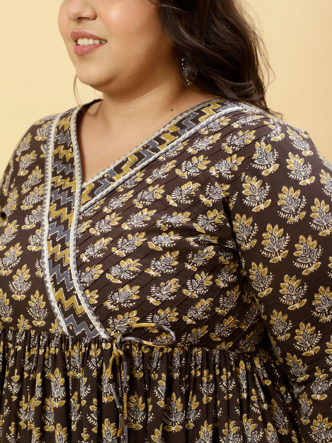 Plus Size Charcoal Grey Ethnic Printed Anarkali Kurta