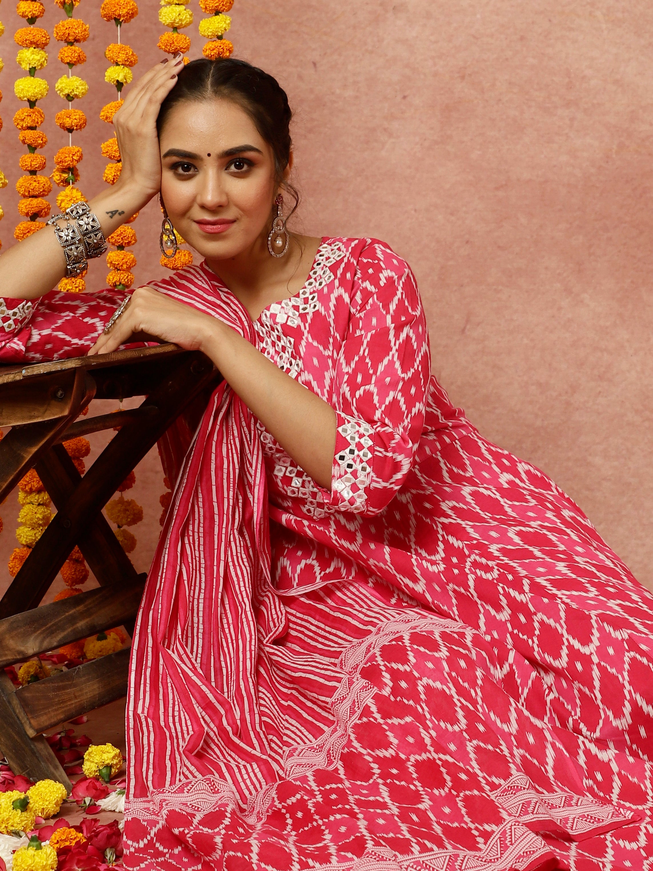 Pink Mirror Embellished Ikat Printed Anarkali Kurta With Pants And Dupatta