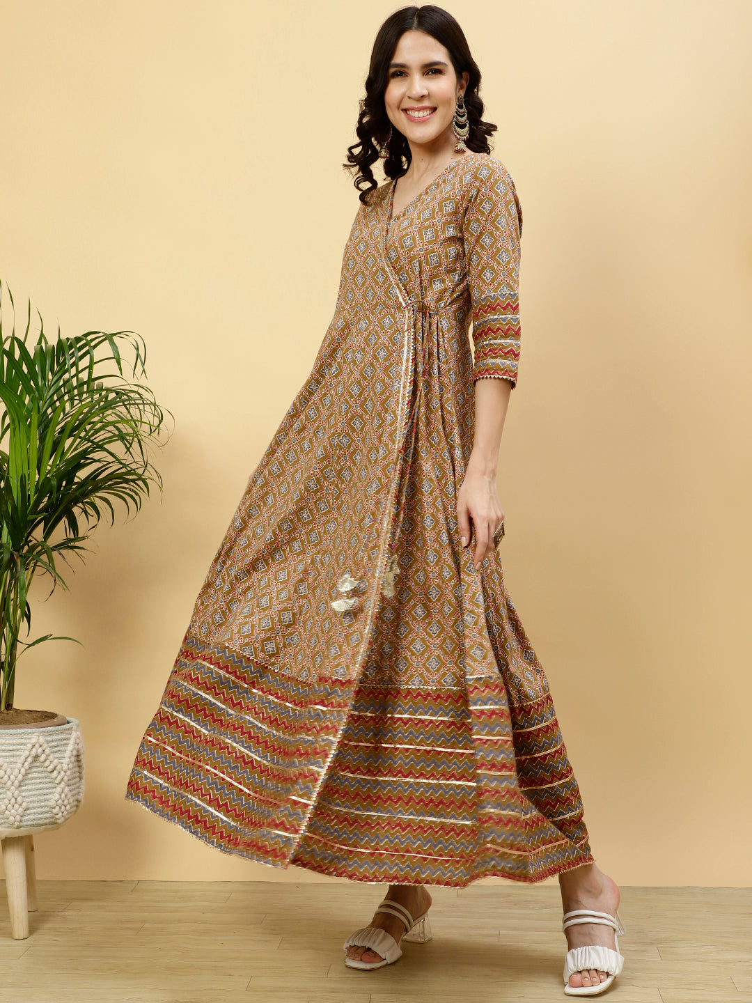 Mustard Ethnic Print Angrakha Kurta
