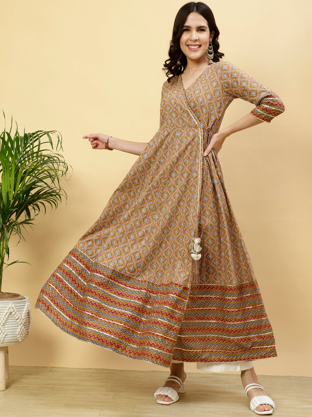 Mustard Ethnic Print Angrakha Kurta