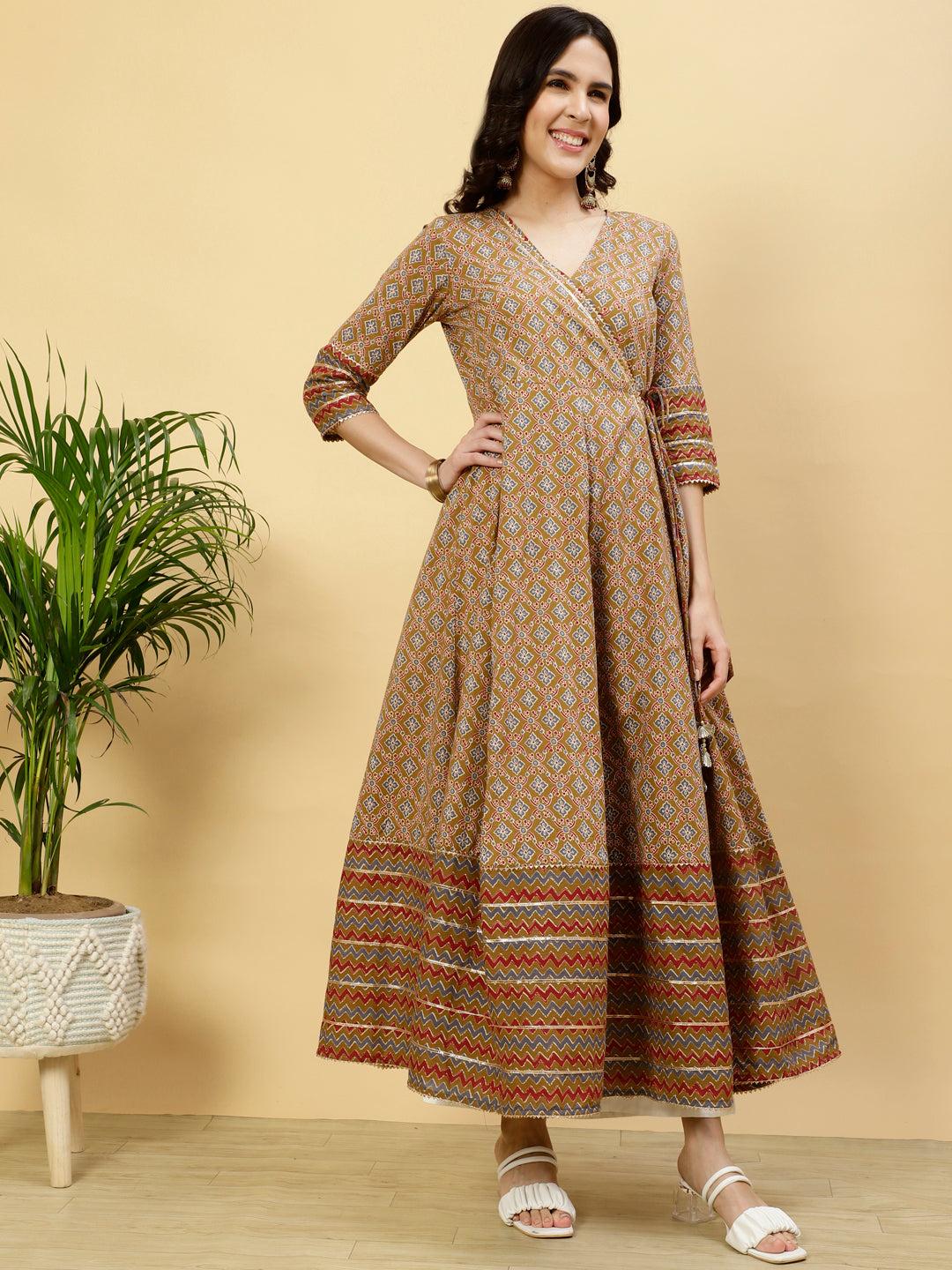 Mustard Ethnic Print Angrakha Kurta
