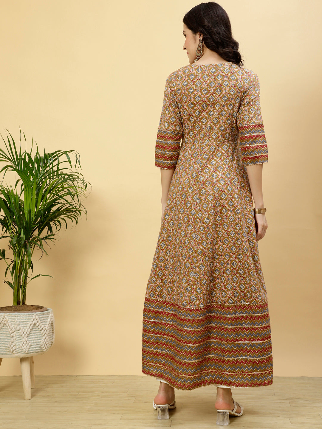 Mustard Ethnic Print Angrakha Kurta