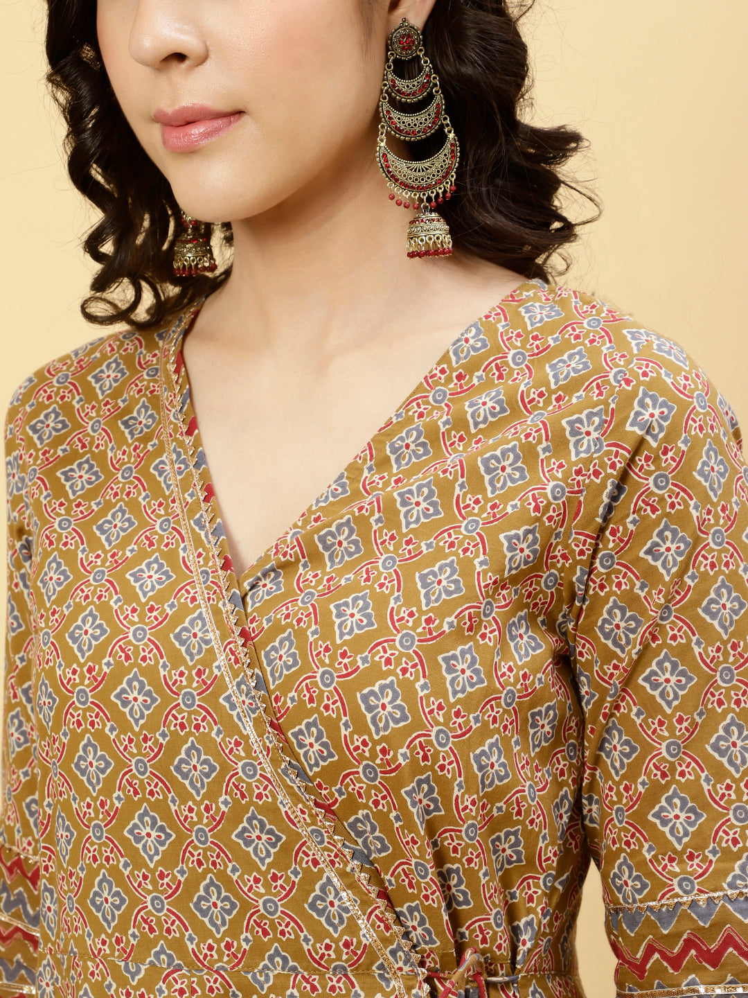 Mustard Ethnic Print Angrakha Kurta