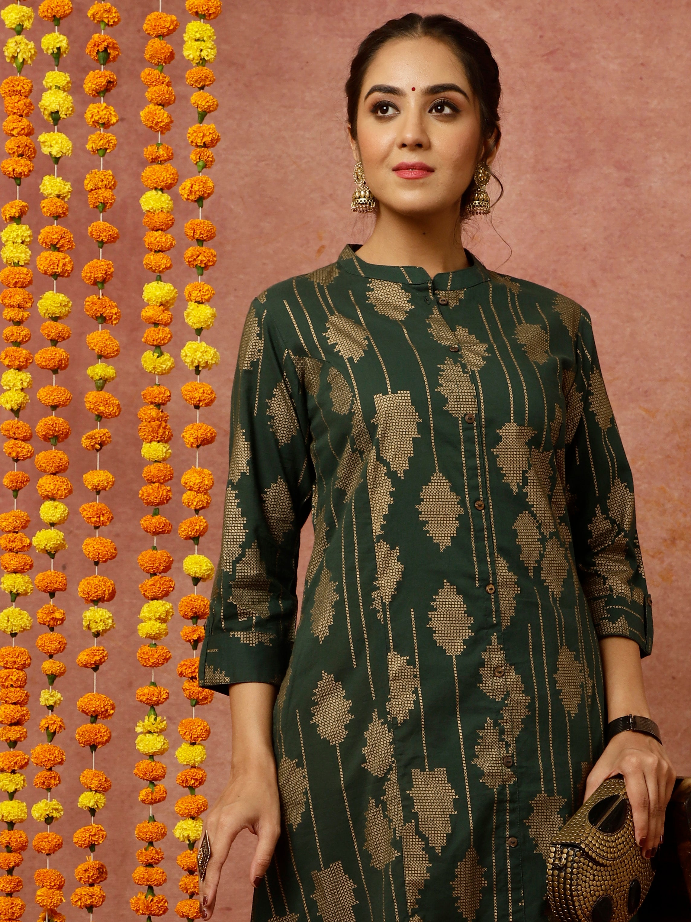 Dark Green Abstract Print A-line Kurta