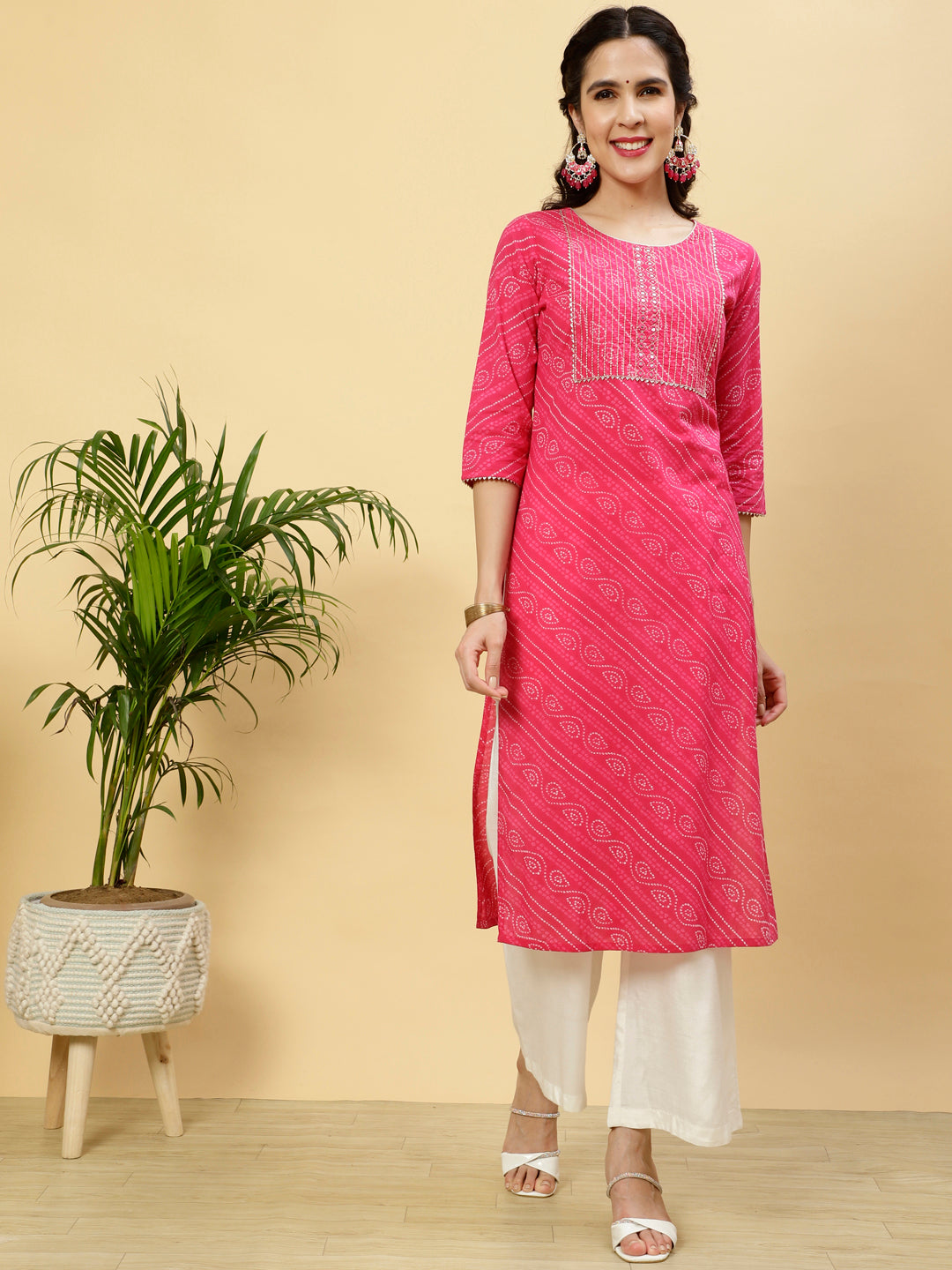 Fushia Bandhej Mirror Work Straight Cotton Kurta