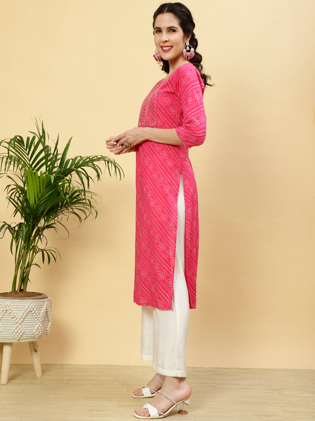 Fushia Bandhej Mirror Work Straight Cotton Kurta