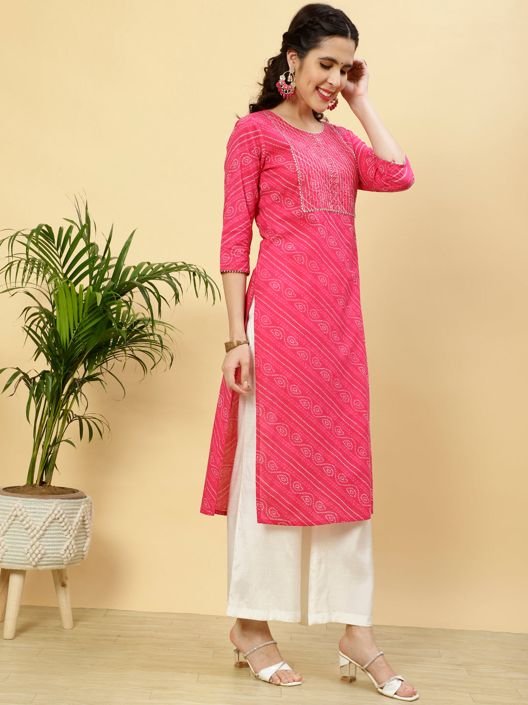 Fushia Bandhej Mirror Work Straight Cotton Kurta