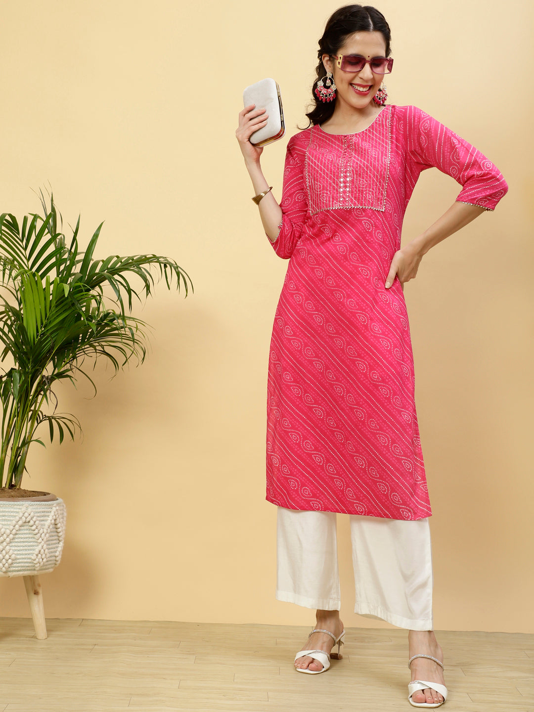 Fushia Bandhej Mirror Work Straight Cotton Kurta