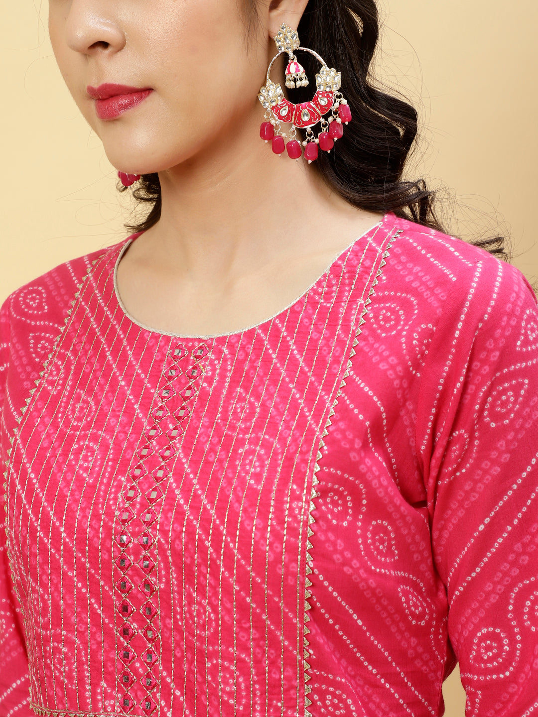 Fushia Bandhej Mirror Work Straight Cotton Kurta