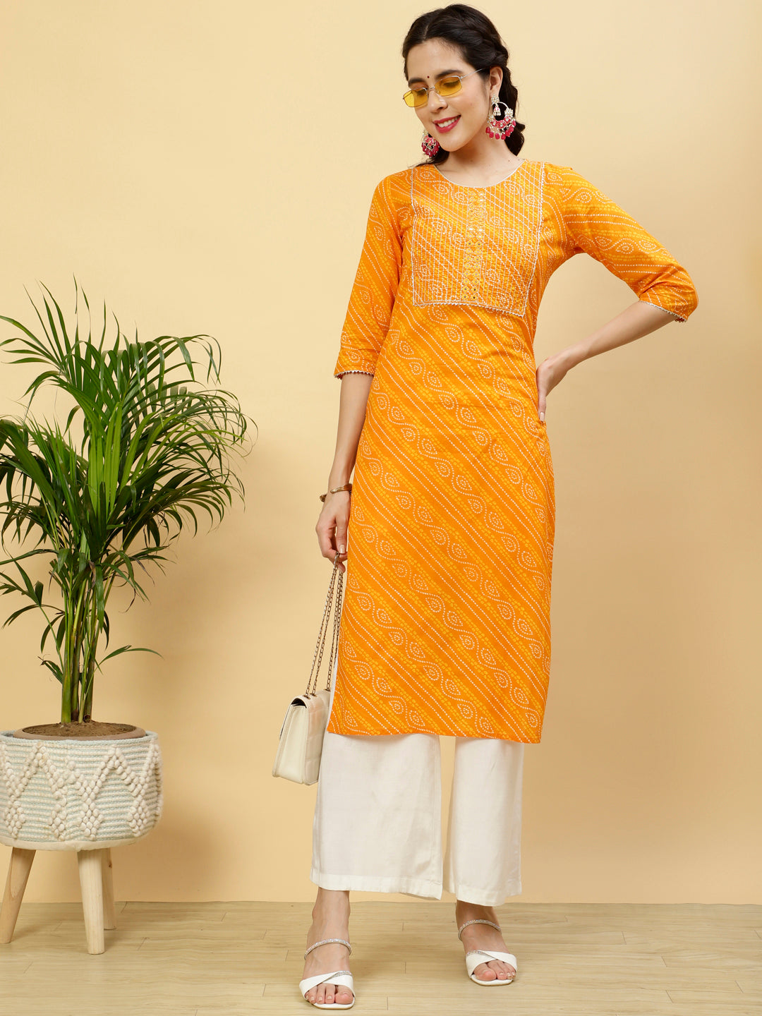 Orange Bhandhej Mirror Work Cotton Straight Kurta