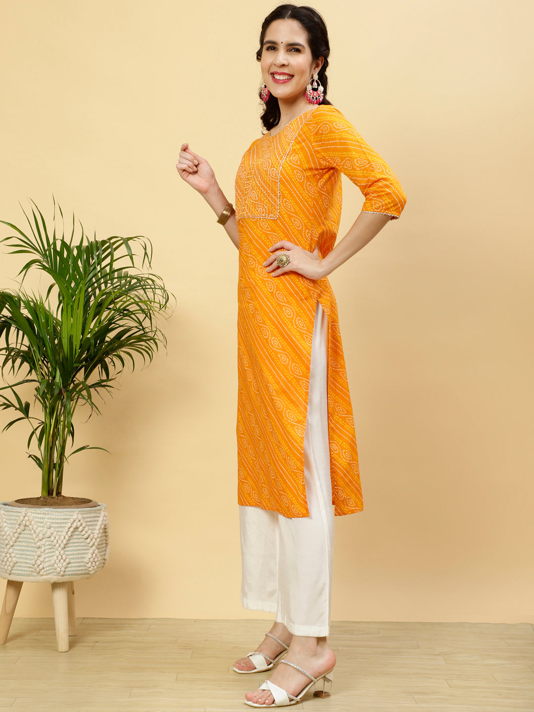 Orange Bhandhej Mirror Work Cotton Straight Kurta