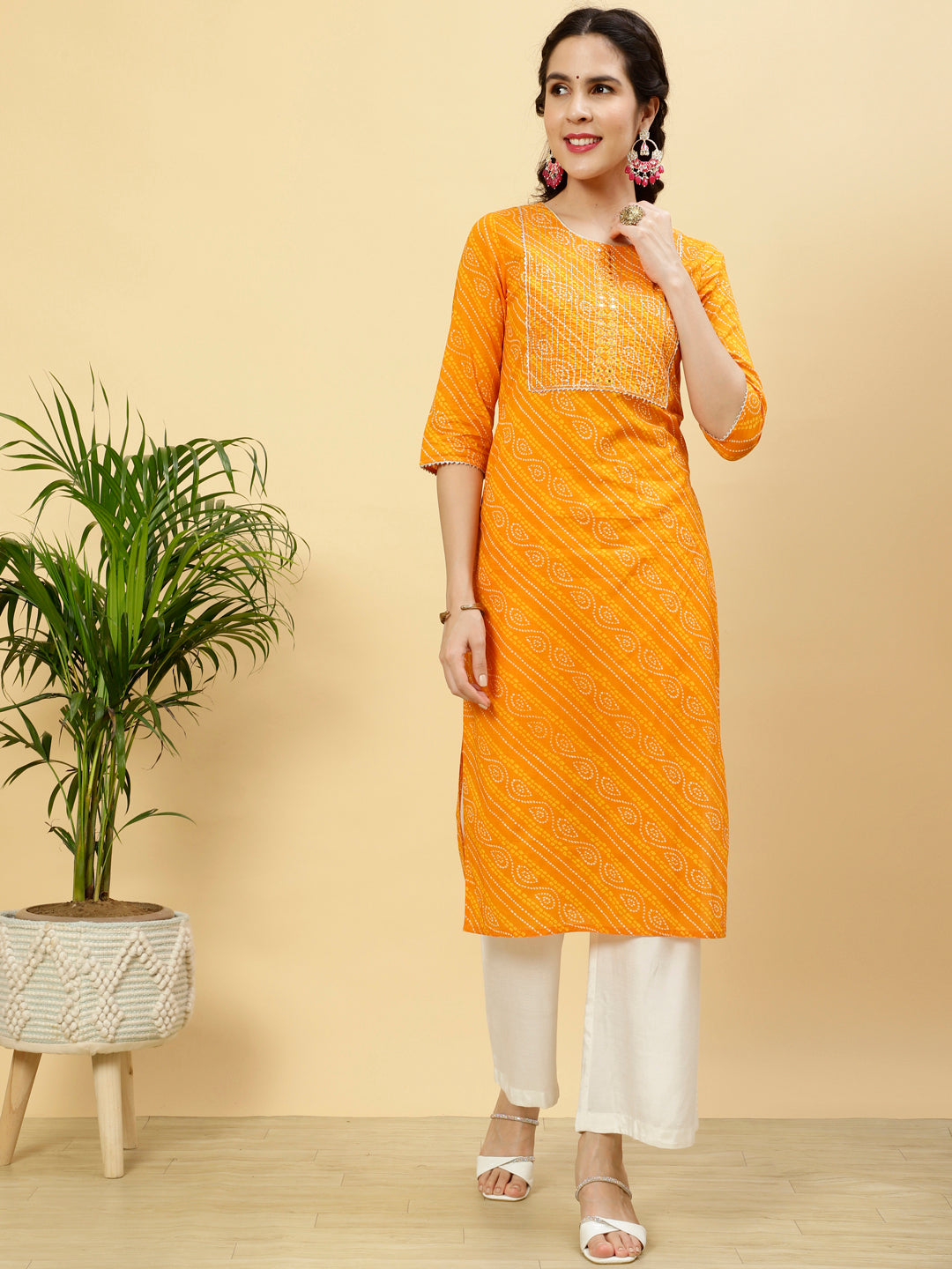 Orange Bhandhej Mirror Work Cotton Straight Kurta