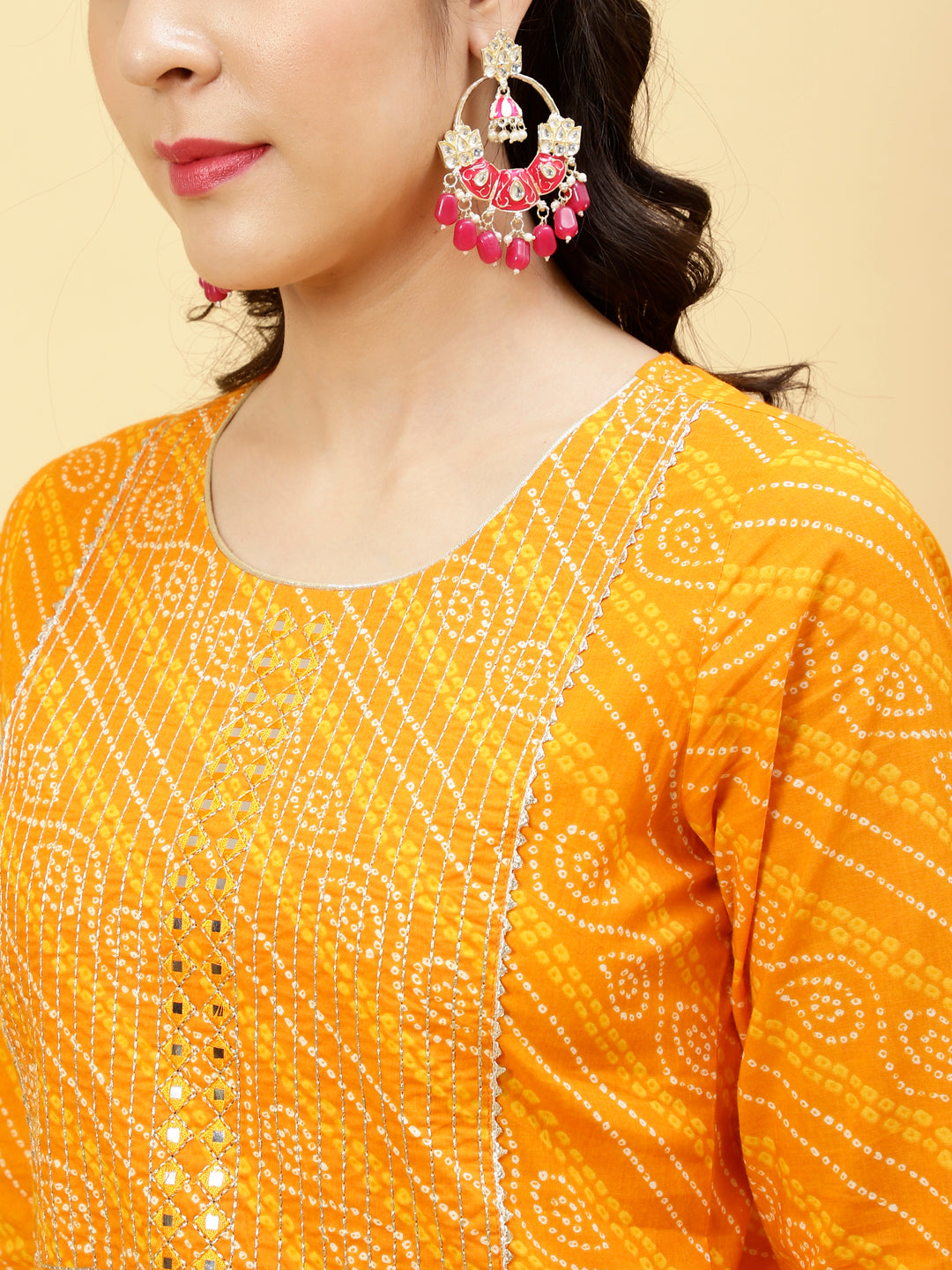 Orange Bhandhej Mirror Work Cotton Straight Kurta