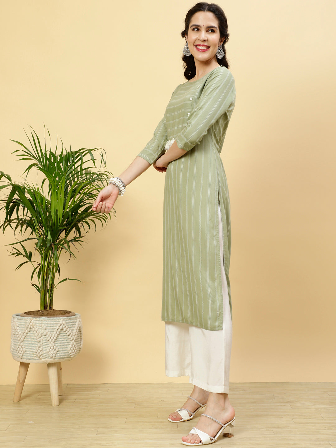 Green Self Stripe Straight Kurta
