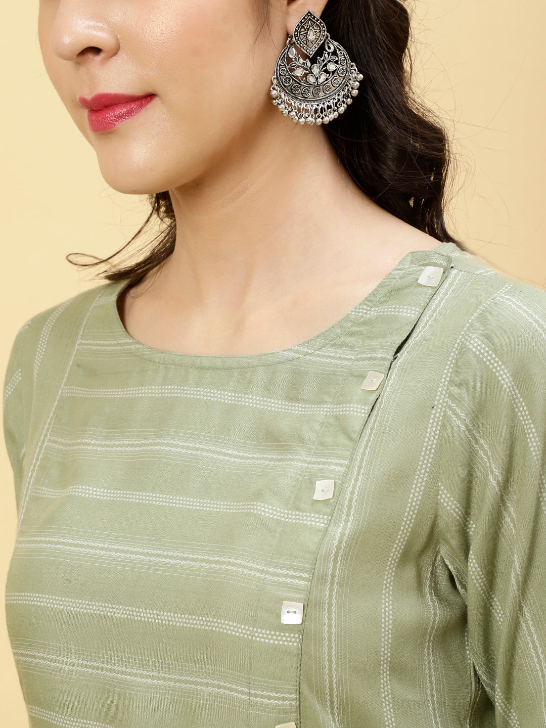 Green Self Stripe Straight Kurta