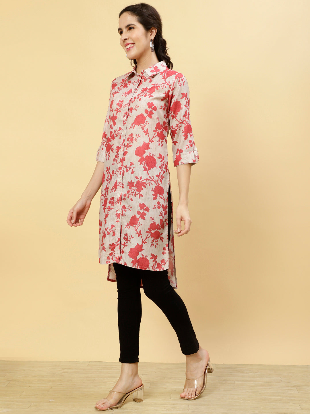 Floral Beige Collared Kurta
