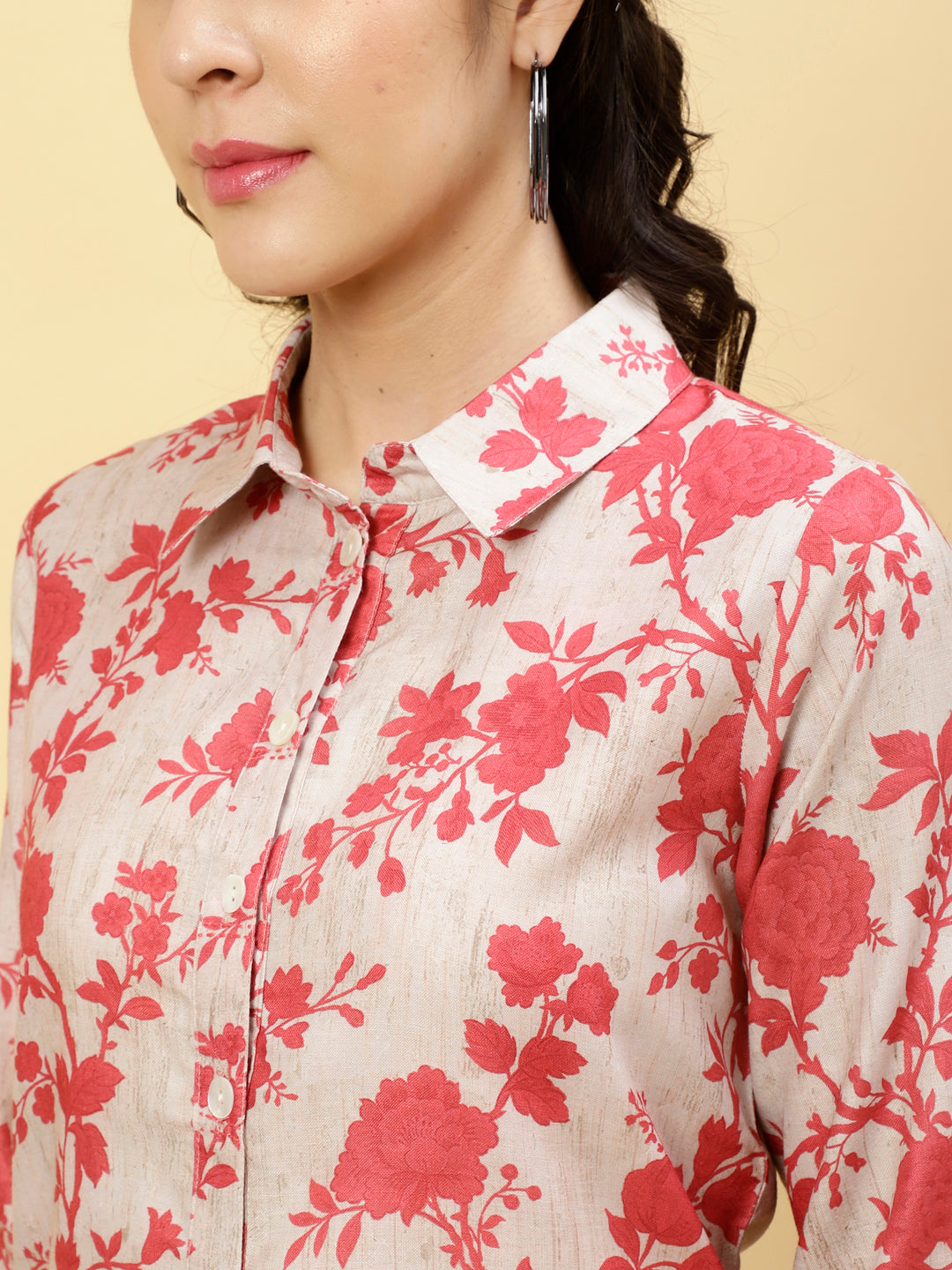 Floral Beige Collared Kurta