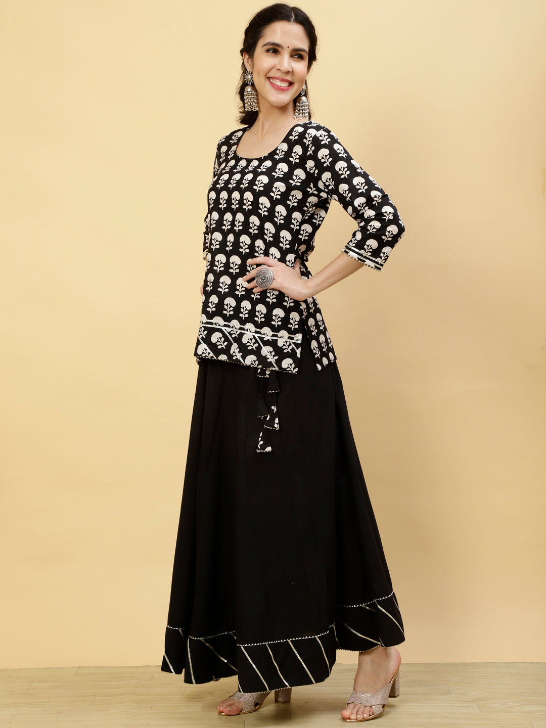 Ethnic Printed Black Short Kurti With Skirt And Dupatta