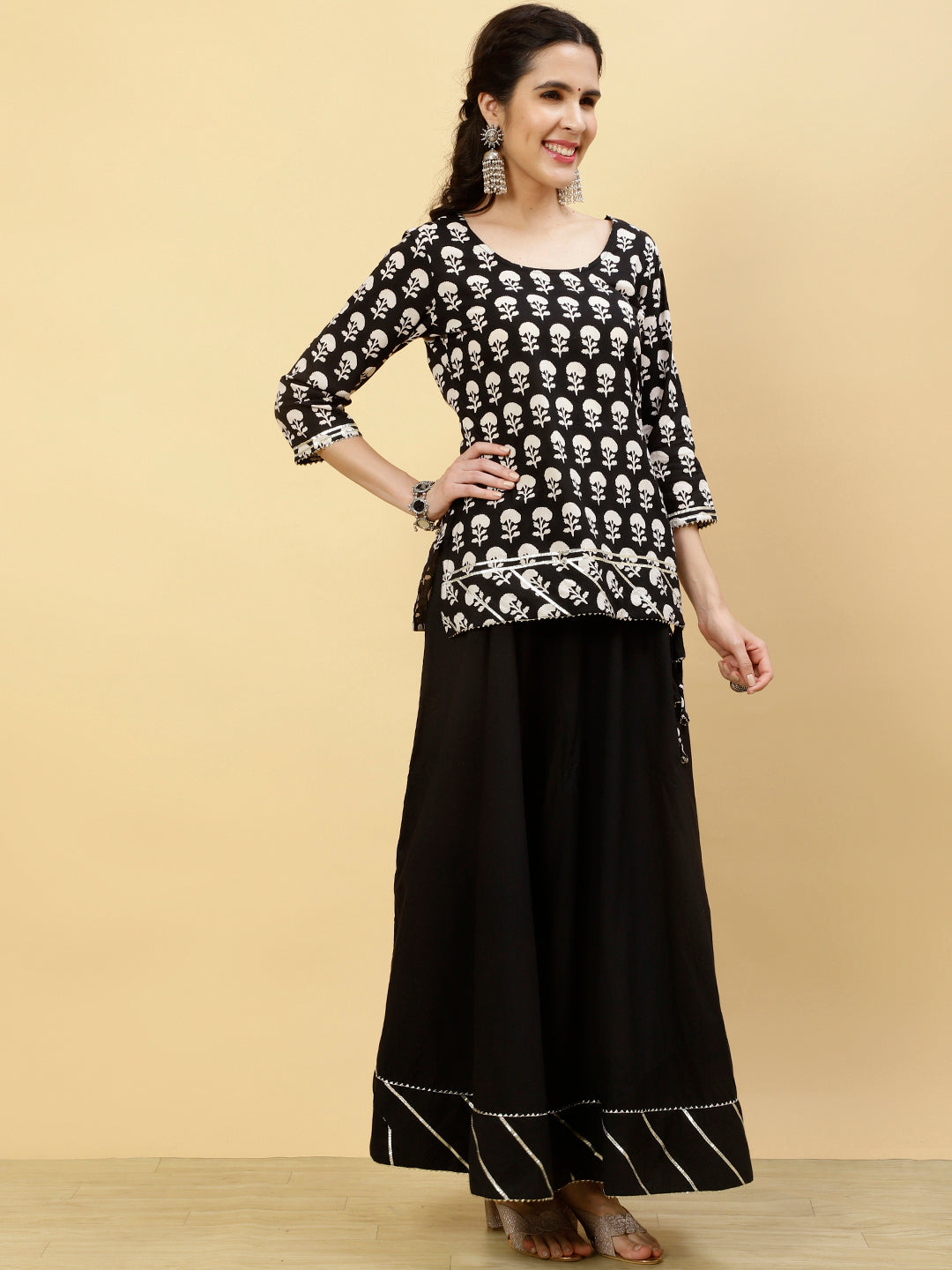 Ethnic Printed Black Short Kurti With Skirt And Dupatta