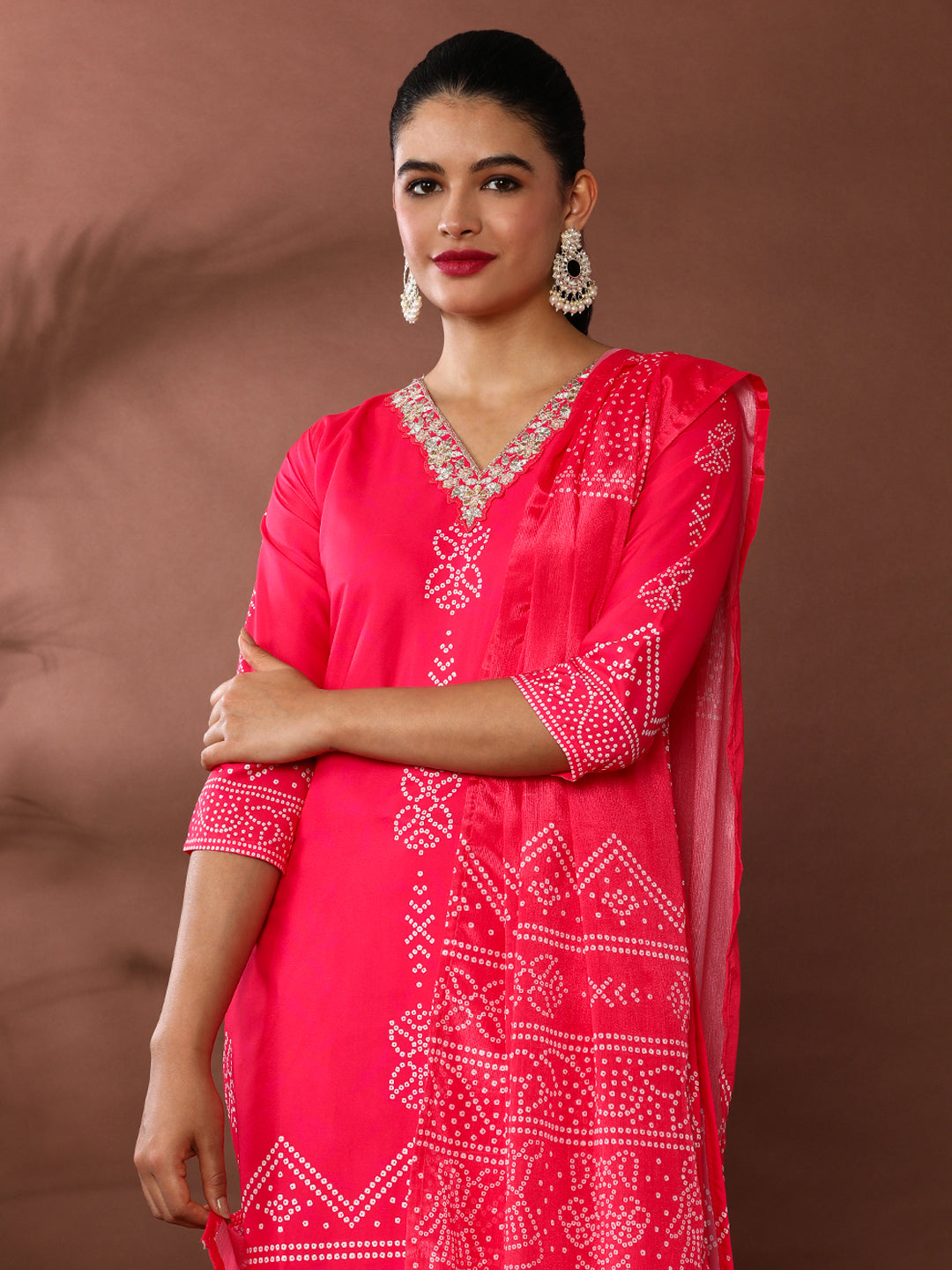 Bandhani Embroidered Poly Crepe Kurta & Trousers Sets