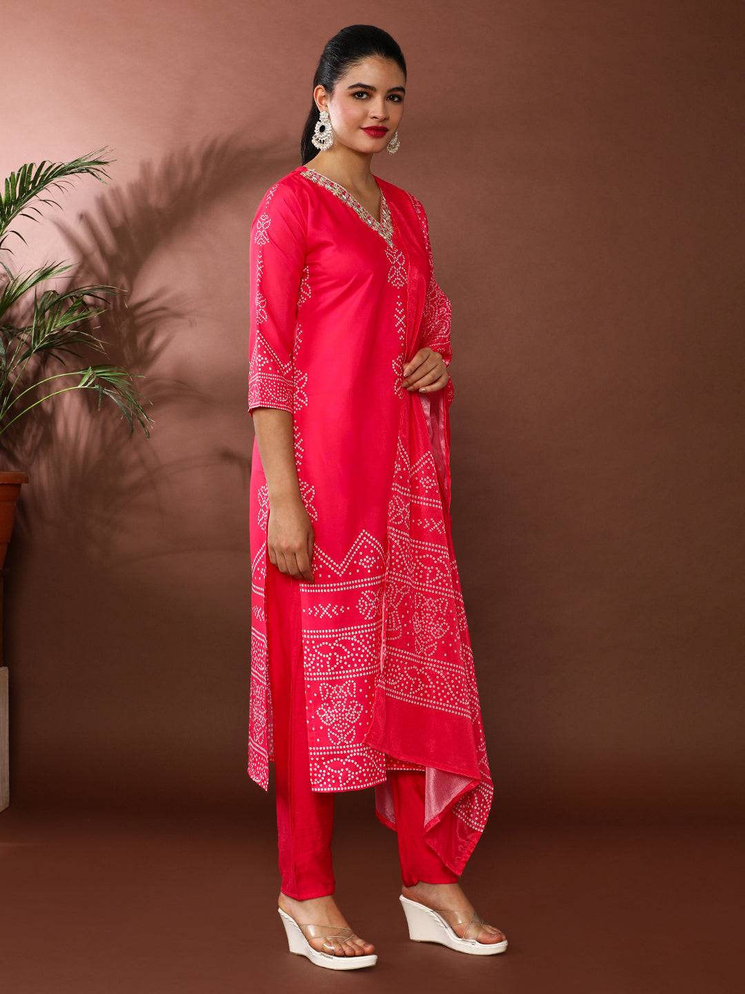 Bandhani Embroidered Poly Crepe Kurta & Trousers Sets