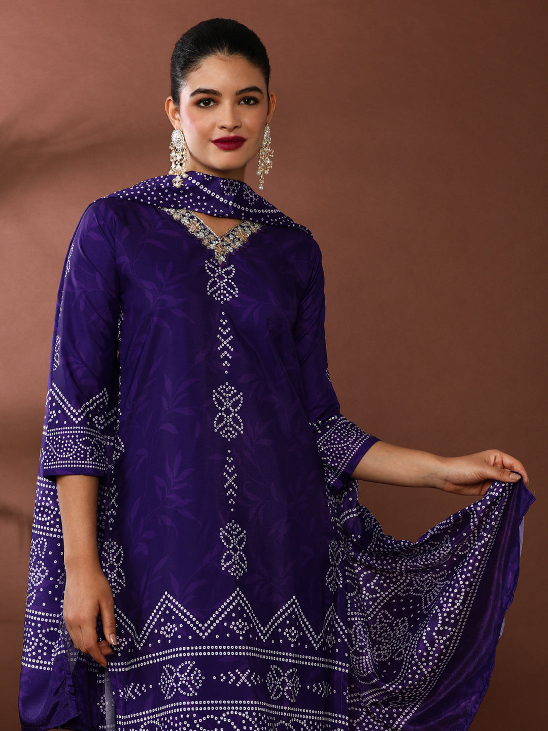 Bandhani Embroidered Poly Crepe Kurta & Trousers Sets