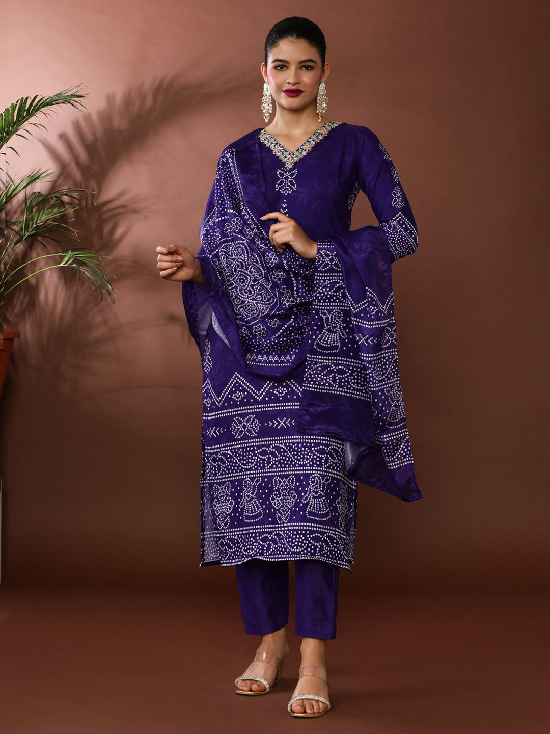 Bandhani Embroidered Poly Crepe Kurta & Trousers Sets