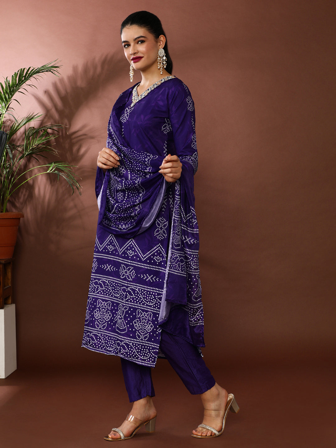 Bandhani Embroidered Poly Crepe Kurta & Trousers Sets
