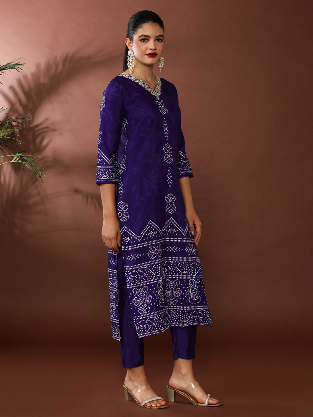 Bandhani Embroidered Poly Crepe Kurta & Trousers Sets