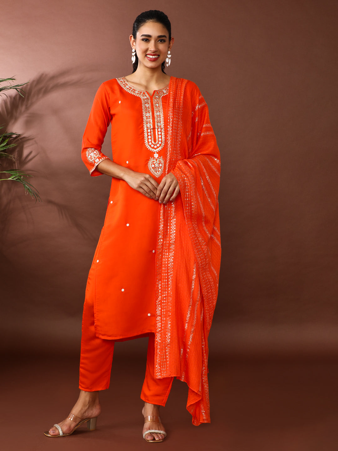 Floral Embroidered Chanderi Cotton Kurta & Trousers Sets