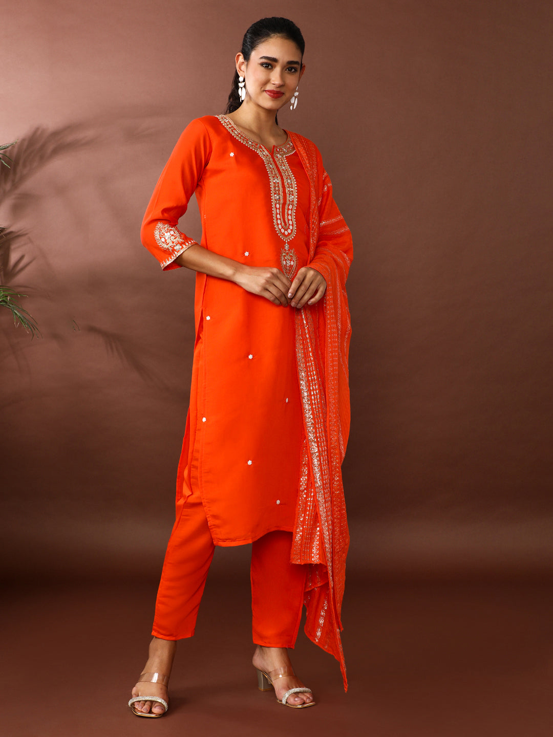 Floral Embroidered Chanderi Cotton Kurta & Trousers Sets