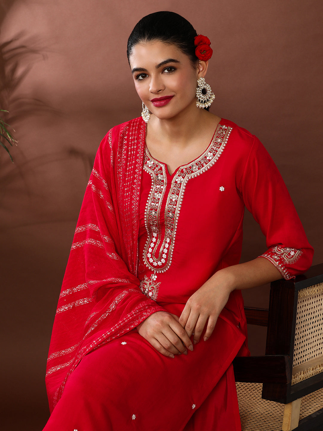 Floral Embroidered Chanderi Cotton Kurta & Trousers Sets