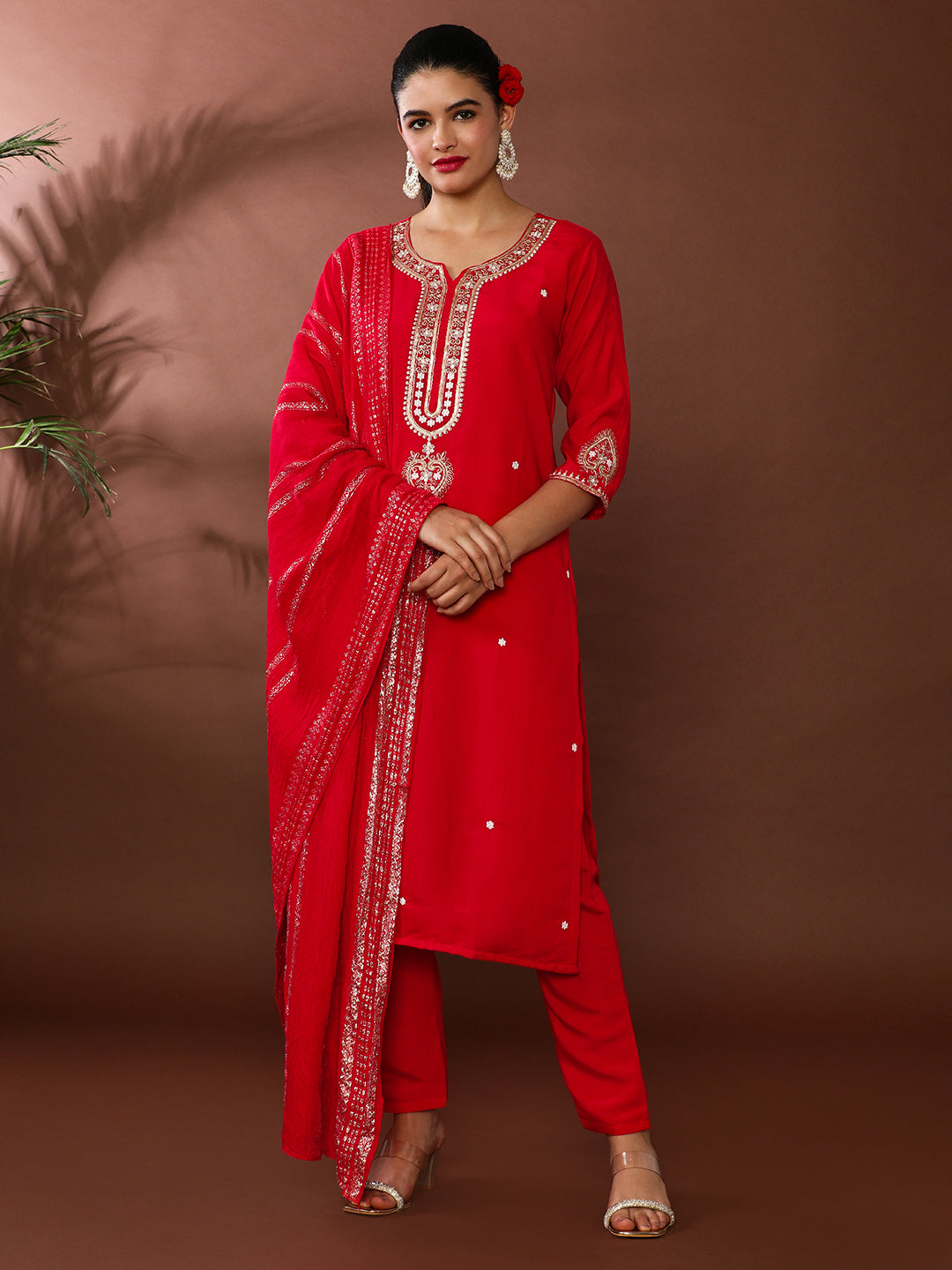 Floral Embroidered Chanderi Cotton Kurta & Trousers Sets