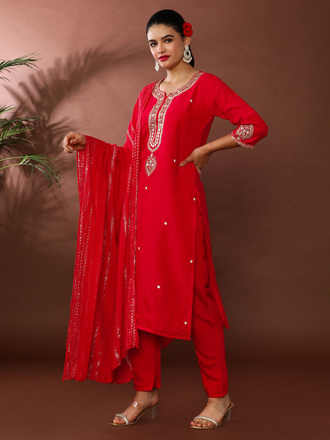 Floral Embroidered Chanderi Cotton Kurta & Trousers Sets