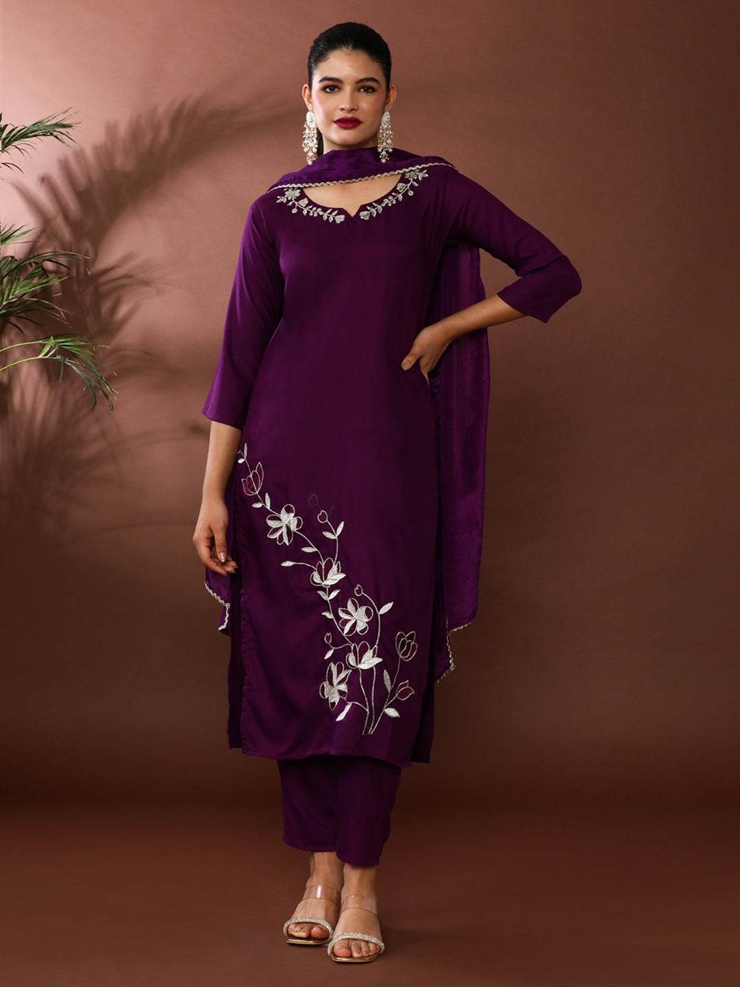 Solid Embroidered Kurta & Trousers Sets