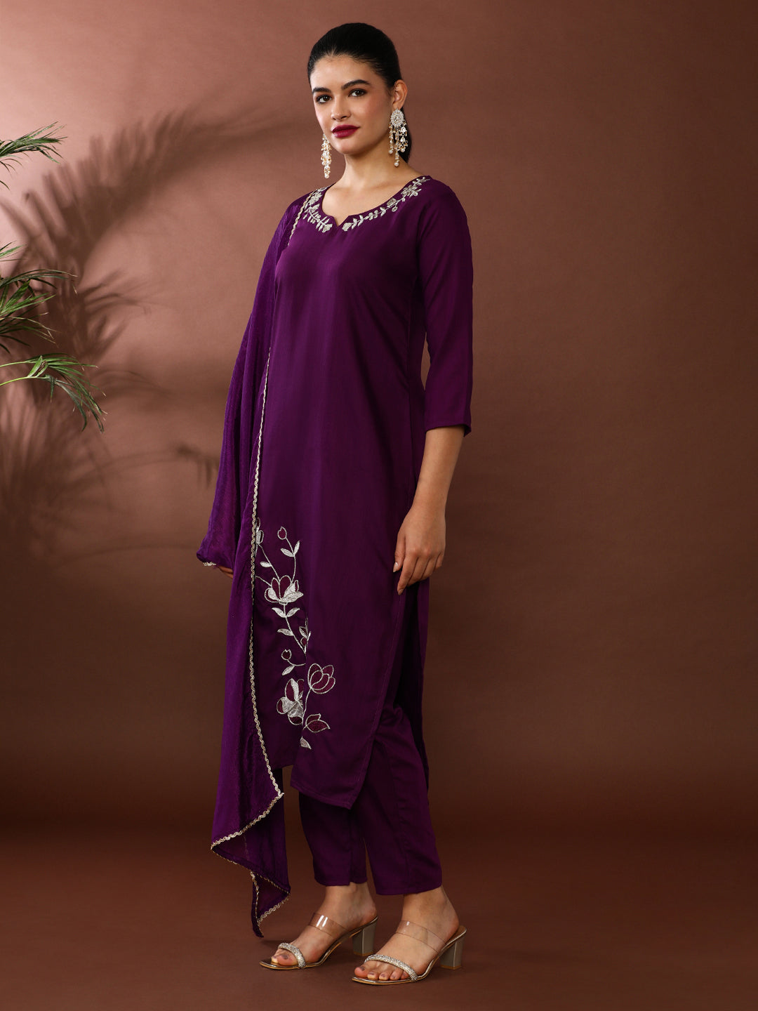 Solid Embroidered Kurta & Trousers Sets