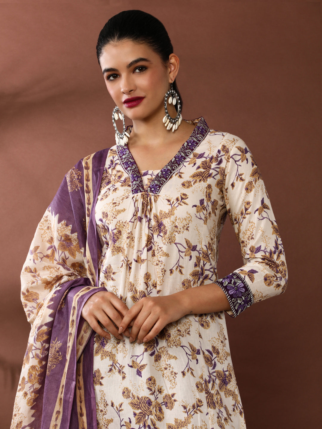 Floral Embroidered A-Line Pure Cotton Kurta & Palazzos Sets