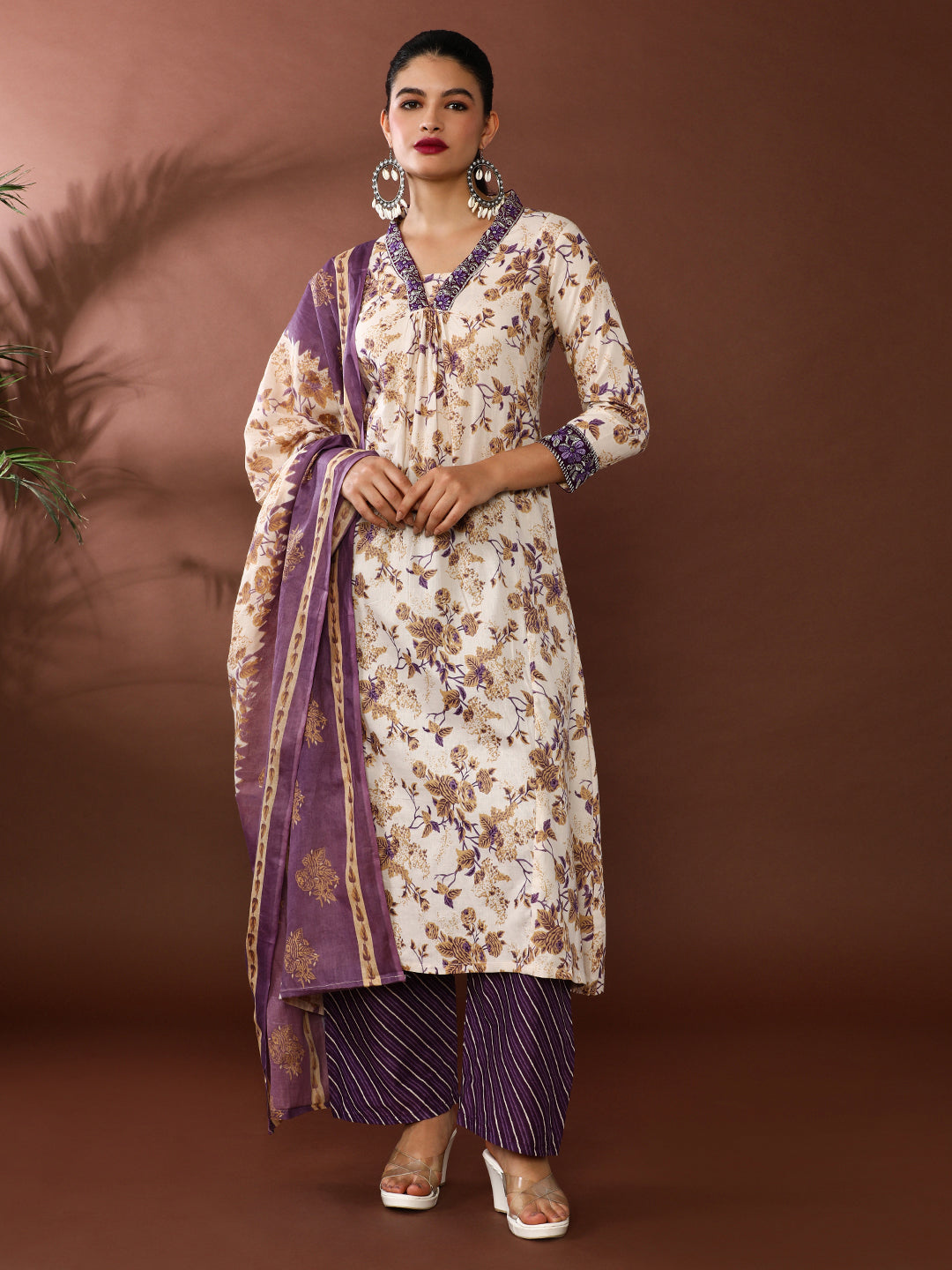 Floral Embroidered A-Line Pure Cotton Kurta & Palazzos Sets
