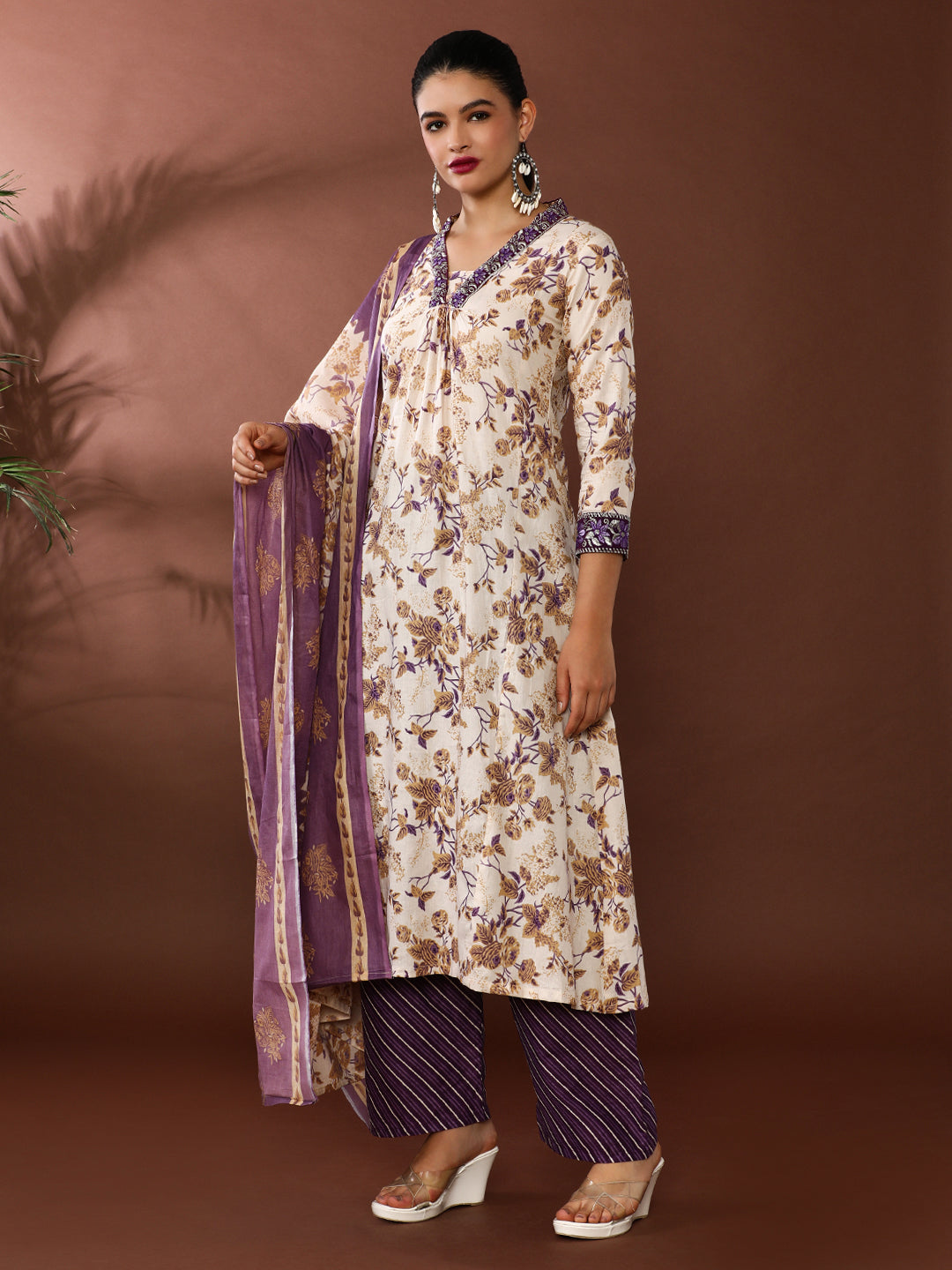 Floral Embroidered A-Line Pure Cotton Kurta & Palazzos Sets