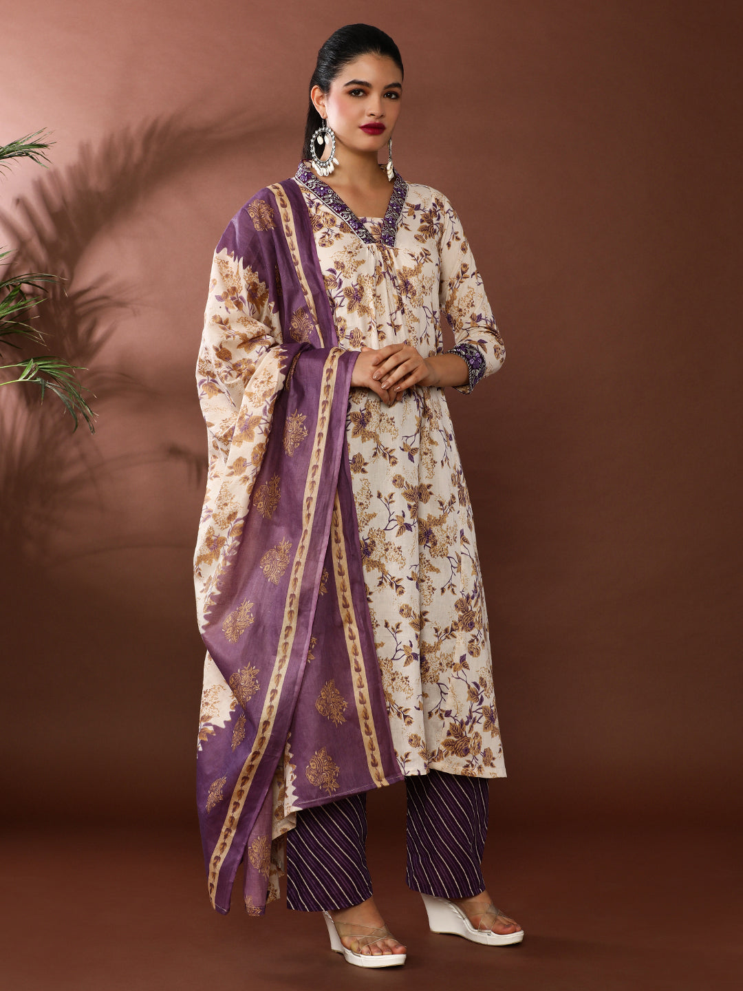Floral Embroidered A-Line Pure Cotton Kurta & Palazzos Sets